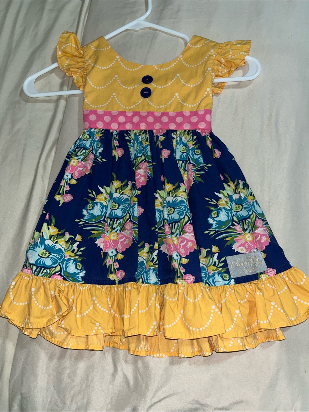 ELEANOR ROSE Floral Navy and Yellow Ruffle Dress SZ 2